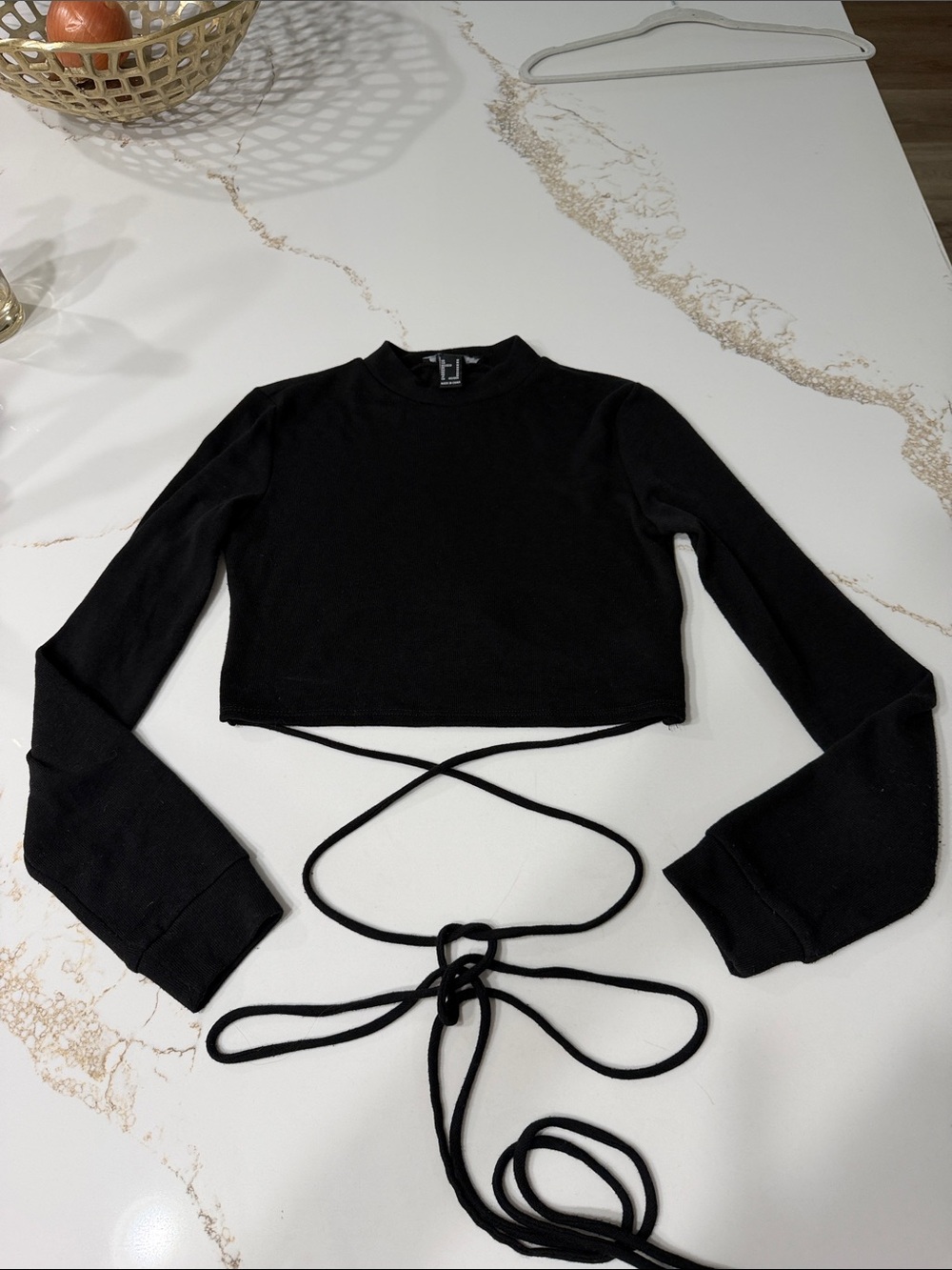 Forever 21 Black Long-Sleeve Crop Top with Belly Wrap Ties | M